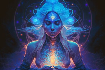Cosmic Goddess Heart Opening in Blue and Purple Mandala Style - Generative AI Illustration  - obrazy, fototapety, plakaty