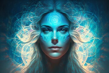 Close up Portrait of Beautiful Woman in Blue Mandala Style - Generative AI Illustration 