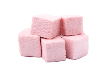 Pile of delicious sweet marshmallows on white background