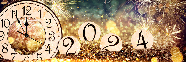 Counting last moments to New 2024 Year. Greeting card with clock showing five minutes until...