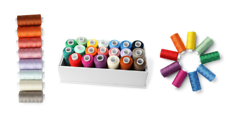 Collage with different colorful sewing threads on white background