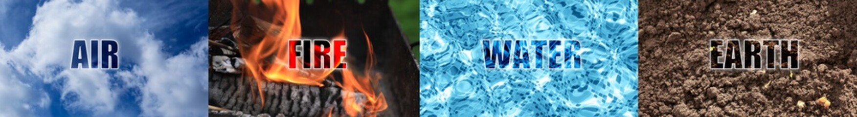 Set of four elements with its names. Air, Fire, Water and Earth