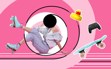 Popular obsessions. Woman with black hole instead of head on color background. Toy duck, gamepad and skateboard flying near