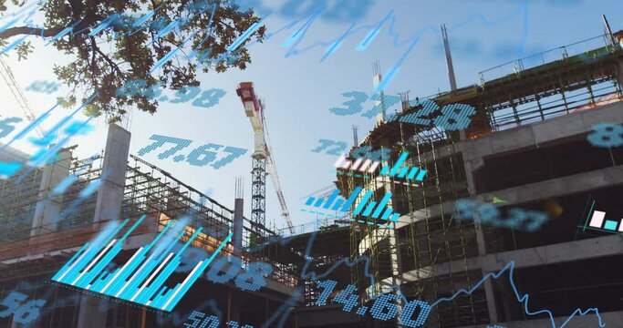Animation of financial data processing over construction site