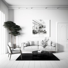 large white blank canvas without frame hanging on the wall of modern light interior, generative AI