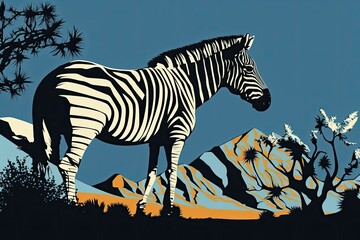 a chewing zebra. Picturesque zebras of the Cape Mountains, silhouetted against the blue sky. Natural setting for a zebra (Equus ferus). Askania Nova National Reserve is home to zebras and other endang