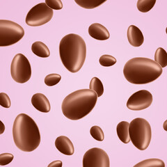 Many chocolate eggs falling on pale pink background