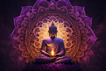 Buddha in the Light with Purple Mandala Background - Isolated Backdrop - Generative AI Illustration  - obrazy, fototapety, plakaty