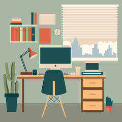 Computer desk workplace concept, flat design vector illustration
