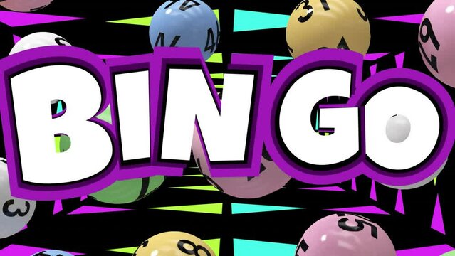 Animation of bingo text over lottery balls and colorful shapes on black background