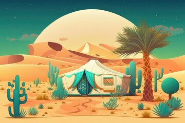 Luxury camping in the Moroccan nighttime Sahara. Glamping among natural dunes, an African camping resort with a touch of luxury. Generative AI