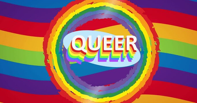 Animation of queer text over rainbow background