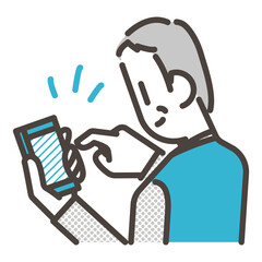 Elderly man smiles and touches his smartphone [Vector illustration].