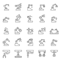 Industrial robot, icon set. Mechanical hydraulic robotic arm for manufacturing, linear icons. Line
