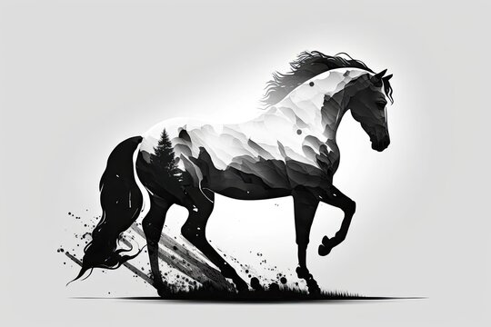 The horse's likeness is portrayed against a white background. position of looking back at something. Generative AI
