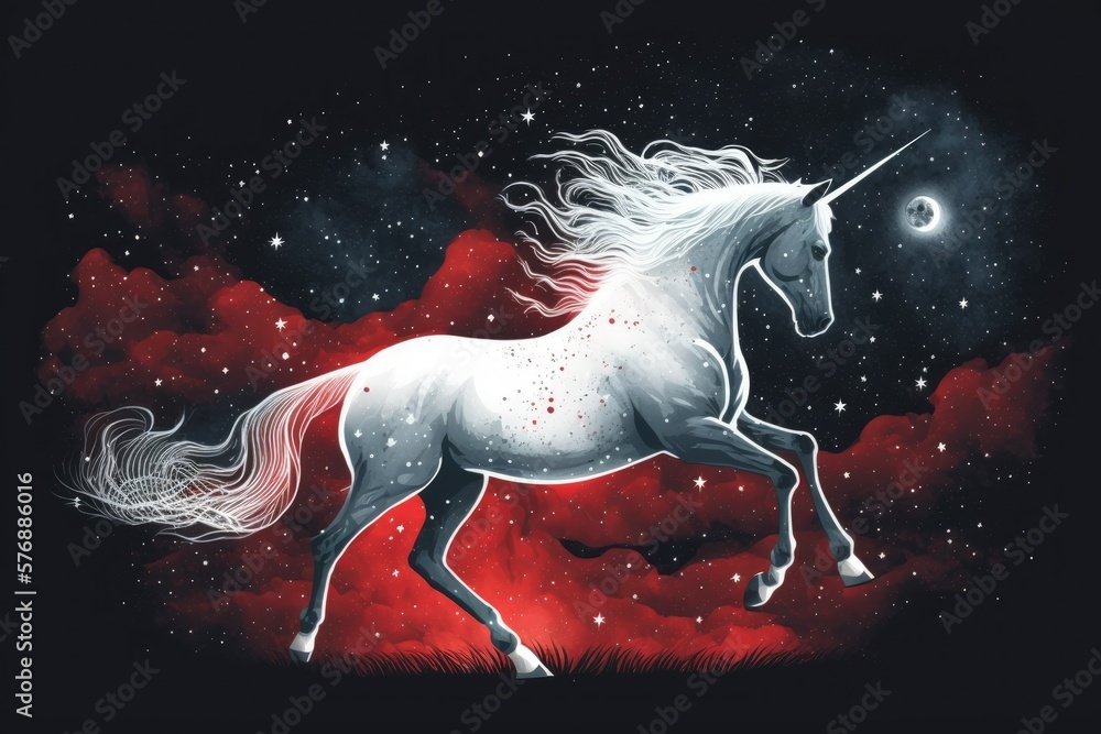 Poster while prancing across space, a dappled grey unicorn is surrounded by stars. generative ai