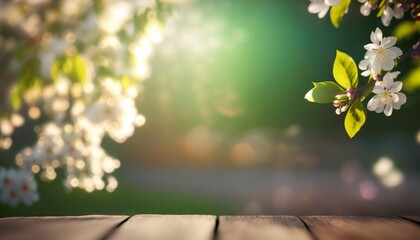 Obraz premium Wood Board in a Garden with Spring Time and Blossoms Flowers. AI Generative
