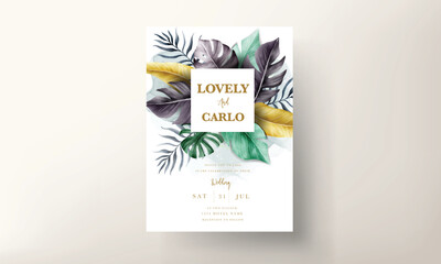 invitation card set with colorful tropical leaves