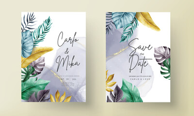 invitation card set with colorful tropical leaves