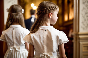 Obraz premium rear view little girls on white dress and and wreath on first holy communion background church, generative ai