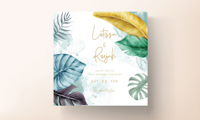 invitation card set with colorful tropical leaves