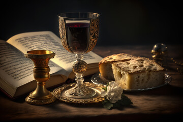 Holy communion background showing a sacred objets bible, golden chalice, generative ai