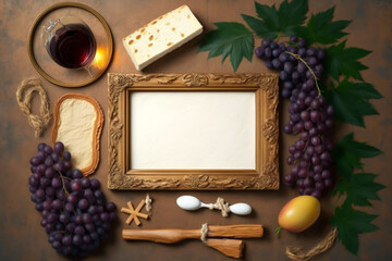 blank horizontal frame empty made with grapes, bread, red wine, holy communion background, copy space, generative ai