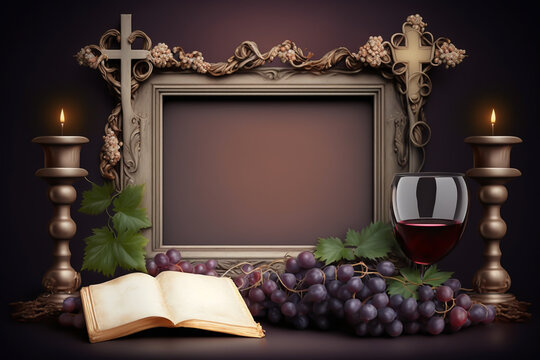blank horizontal frame empty made with grapes, bread, red wine, holy communion background, copy space, generative ai
