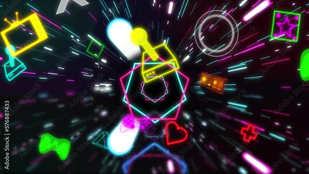 Poster animation of video game and digital icons data processing over light trails