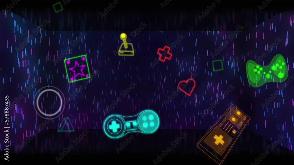 Poster animation of video game and digital icons data processing over light trails