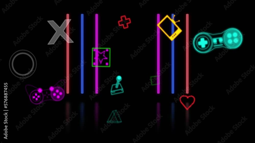 Poster animation of video game and digital icons data processing over light trails