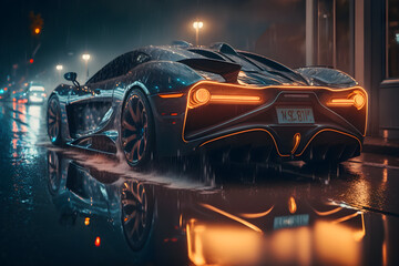 sleek futuristic luxury car, shiny reflective metal surfaces covered in raindrops, dystopian cyberpunk city background, soft diffused glowing neon lighting, mist, fog, crepuscular rays, Generative AI