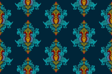 Fototapeta na wymiar Ikat ethnic seamless pattern decoration design. Aztec fabric boho mandalas textile wallpaper. Tribal native motif African American Indian traditional embroidery vector background 