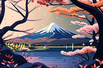 Springtime in Japan is epitomized by the scenery of Lake Kawaguchiko, where Mt. Fuji and cherry blossoms flourish. Generative AI