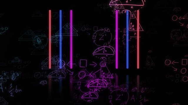 Animation of mathematical equations and geometric drawings over neon stripes