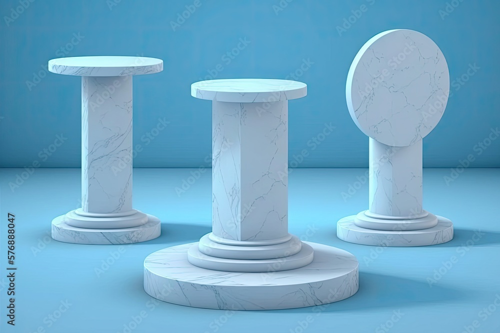 Sticker Podiums. Circular white presentation podiums, ideal for making a good impression. Elevated statue of natural beauty against a marble background. To a blue wall. Generative AI