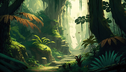 Rainforest landscape painting, Generative AI