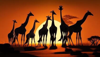 Fototapeta na wymiar Giraffes in the setting sun digital art