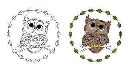Coloring page outline of cartoon cute little owl on a branch with leaves. Coloring book for kids	