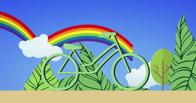 Animation of green bike and leaves over rainbow on blue background