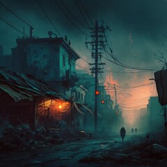 Post-apocalyptic environment shot from a movie illustration created using generative AI.