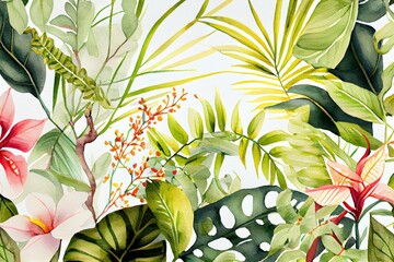 tropical vegetation and hibiscus flower patter ideal for exotic backgrounds, generative AI