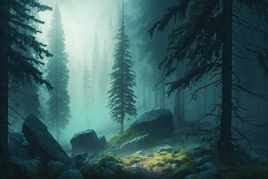 Feelings of mystery and the supernatural permeate this gloomy forest scene. Misty pine forest in the fog. German's Harz National Park. Generative AI