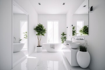 Fototapeta na wymiar Complete with a double sink, indoor plants, a minimalist bathtub, and a contemporary toilet, this bathroom is the epitome of contemporary style. Generative AI
