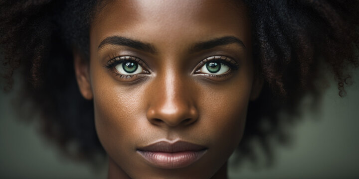 Closeup Of  Portrait of Stunning, Beautiful, Gorgeous, Black African American Woman With Piercing Green Eyes and Afro Hair. Extreme Closeup of Beautiful Face: Early Thirties, Twenties. Generative AI