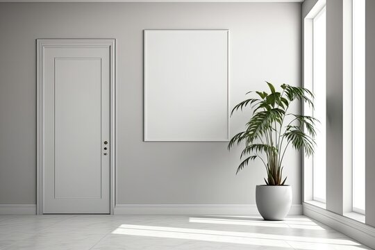 Interior design background of a brand new, empty, high end room with beige walls, baseboards, a gray marble floor, a white framed door, and a palm tree in a modern pot. Generative AI