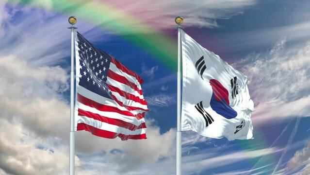 US and Korea South flags fluttering in the rainbow sky with 4k resolution, 60fps