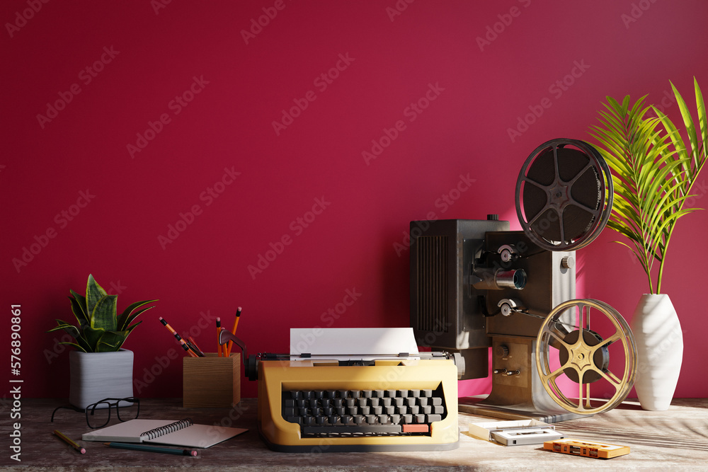 Poster retro vibe background with red wall behind with old typewriter and old movie projector, 3d rendering