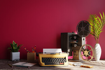 Retro vibe background with red wall behind with old typewriter and old movie projector, 3d rendering