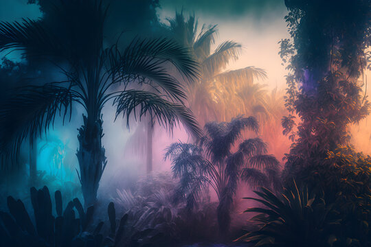 gradient of colour in the mist, tropical punk shadows of the wild palms, mystical, intriguing, morning lighting, superb quality cinematic, wallpaper, Generative AI © Ameer
